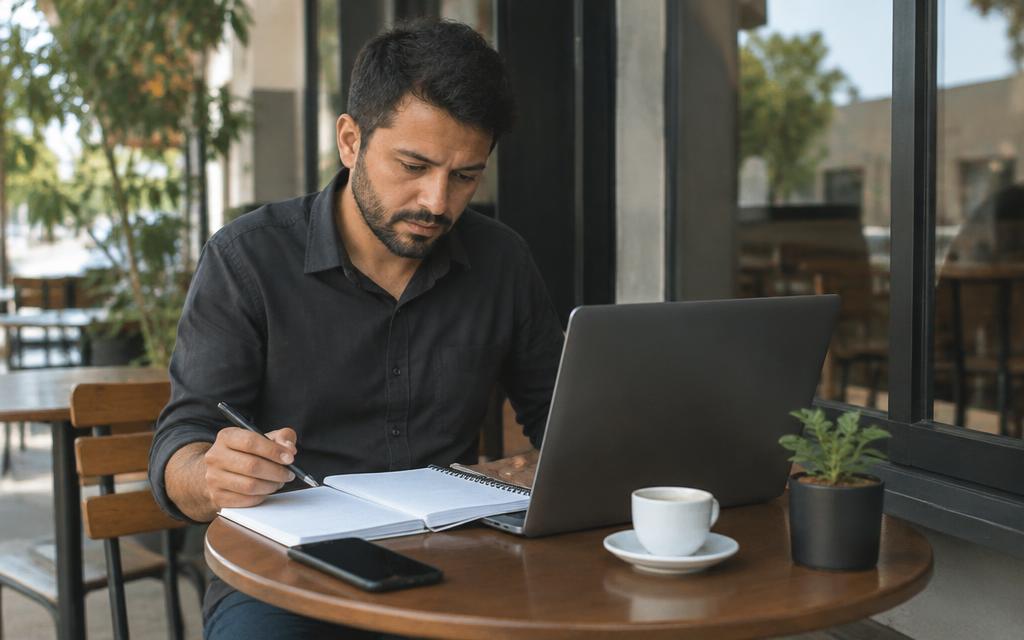 Profissional autônomo trabalhando com um notebook em uma mesa de café