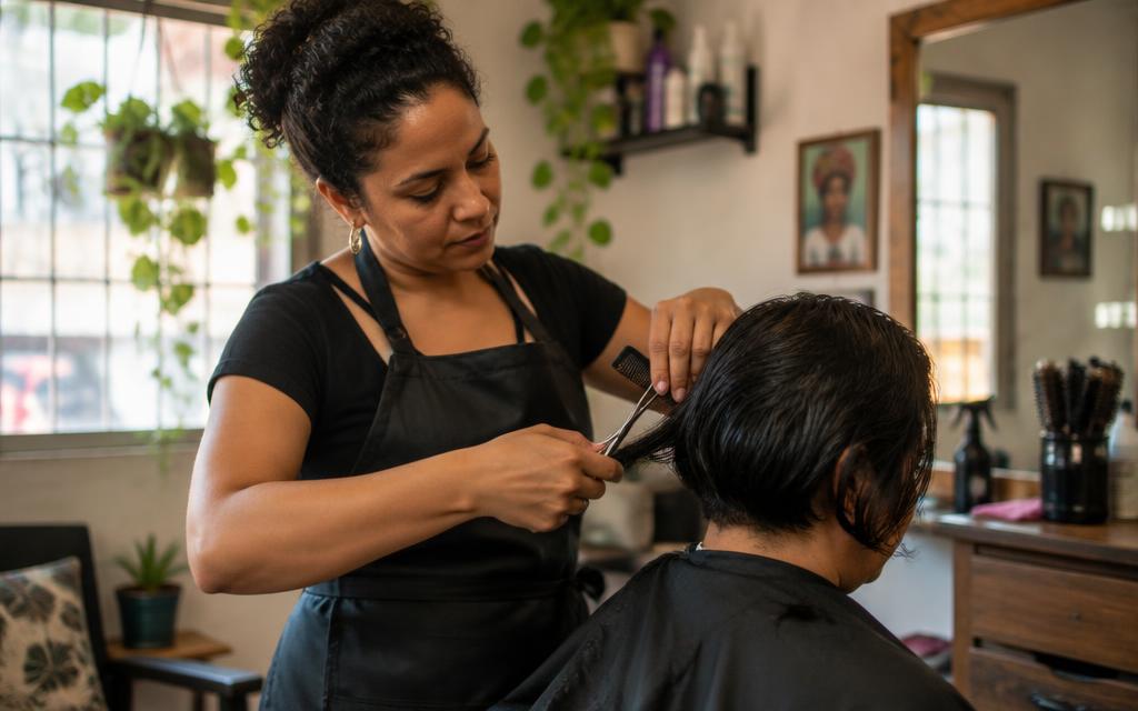 Cabeleireira cortando o cabelo de uma cliente em seu salão de beleza