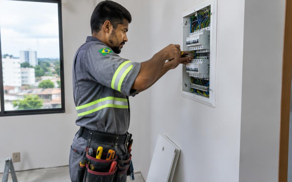 Eletricista trabalhando em um quadro de energia com a caixa de ferramentas
