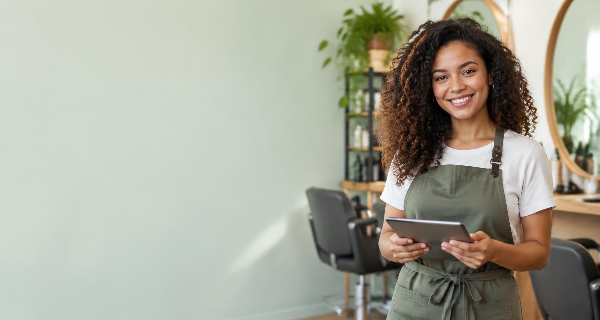 Empreendedora com um tablet em seu salão de beleza